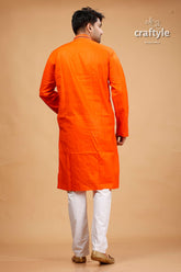 Kutch Design Vivid Orange Kantha Stitch Cotton Panjabi for Men - Craftyle