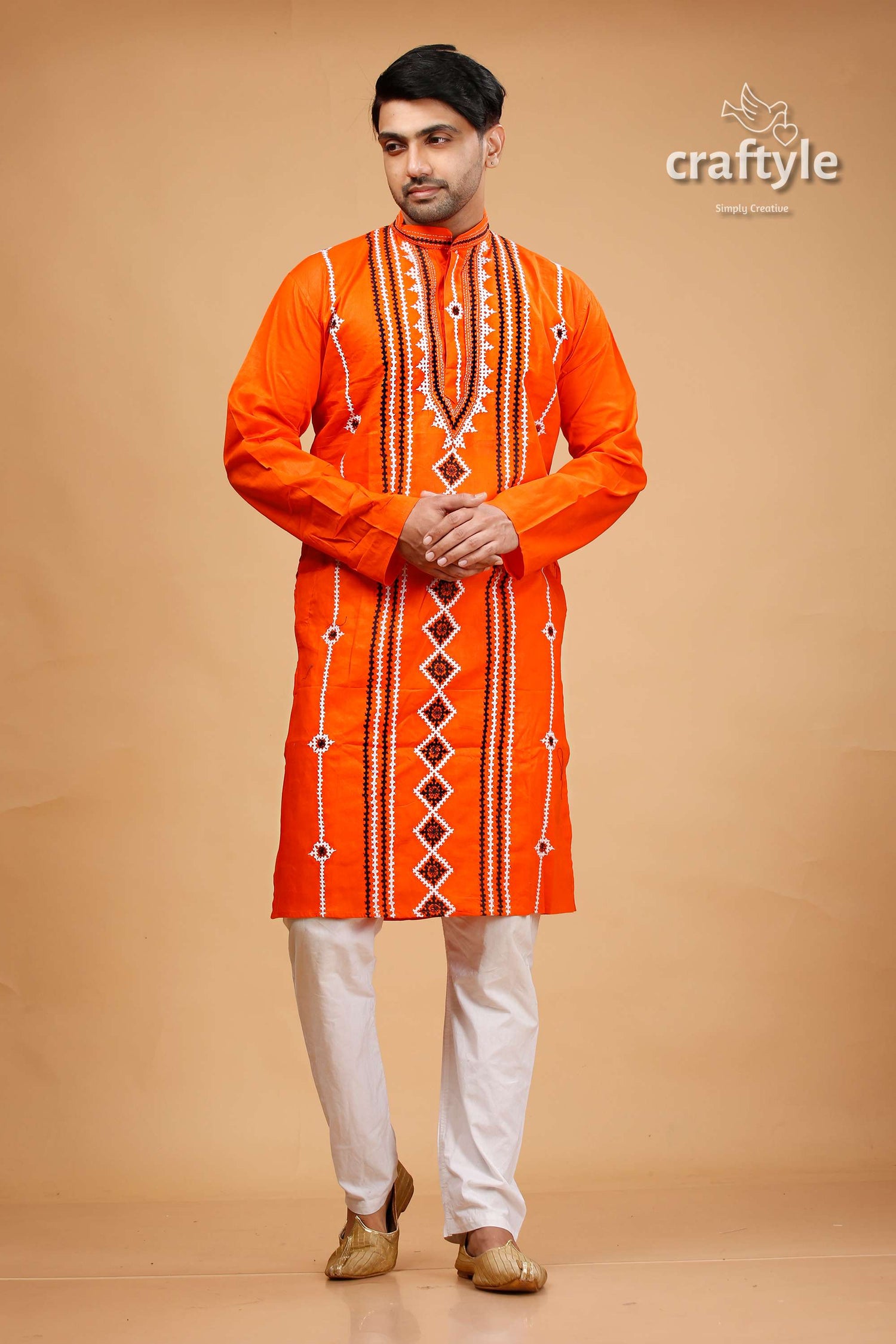 Kutch Design Vivid Orange Kantha Stitch Cotton Panjabi for Men - Craftyle