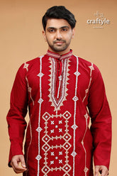 Kutch Work Burgundy Red Designer Cotton Panjabi for Men - Craftyle