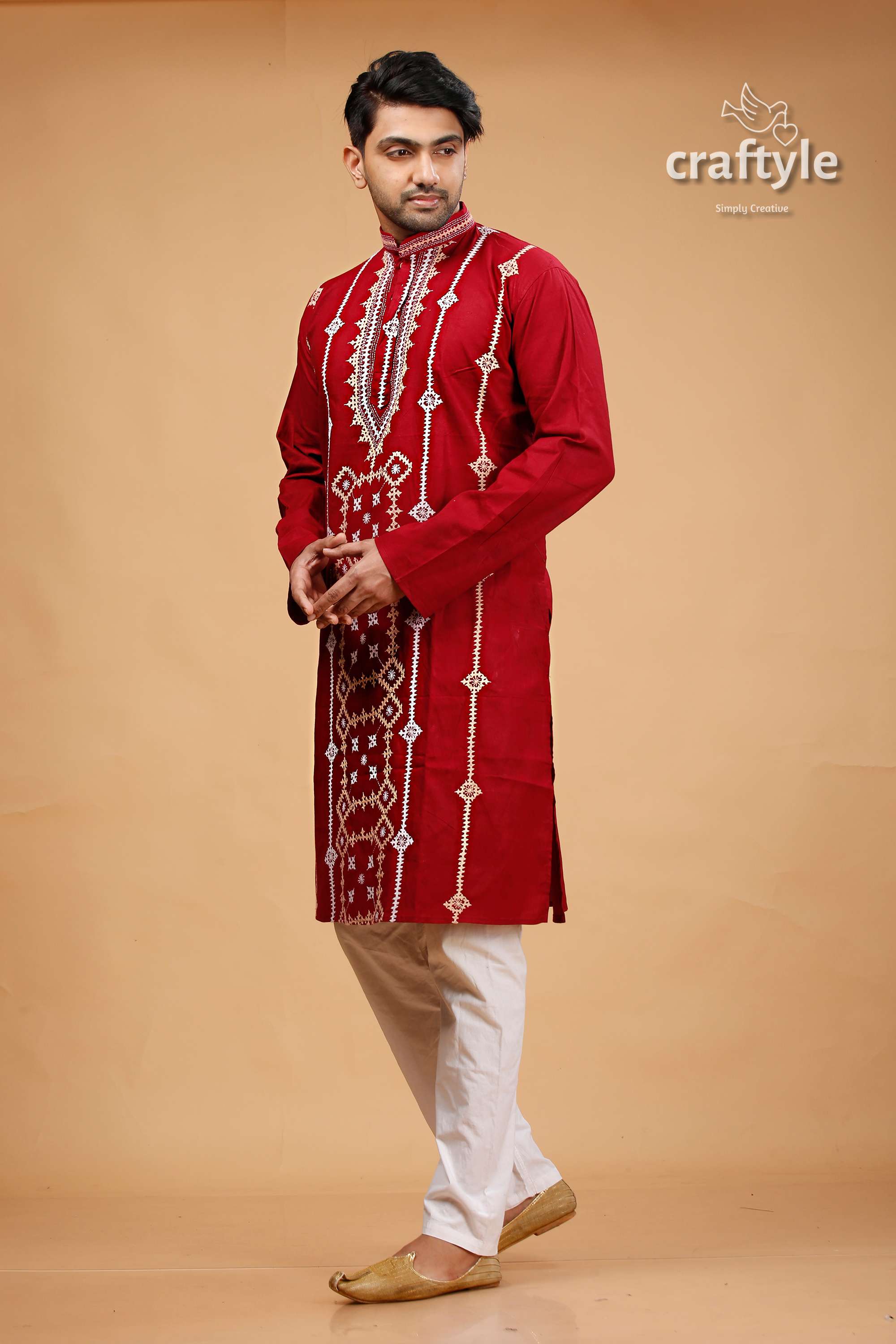 Kutch Work Burgundy Red Designer Cotton Panjabi for Men - Craftyle