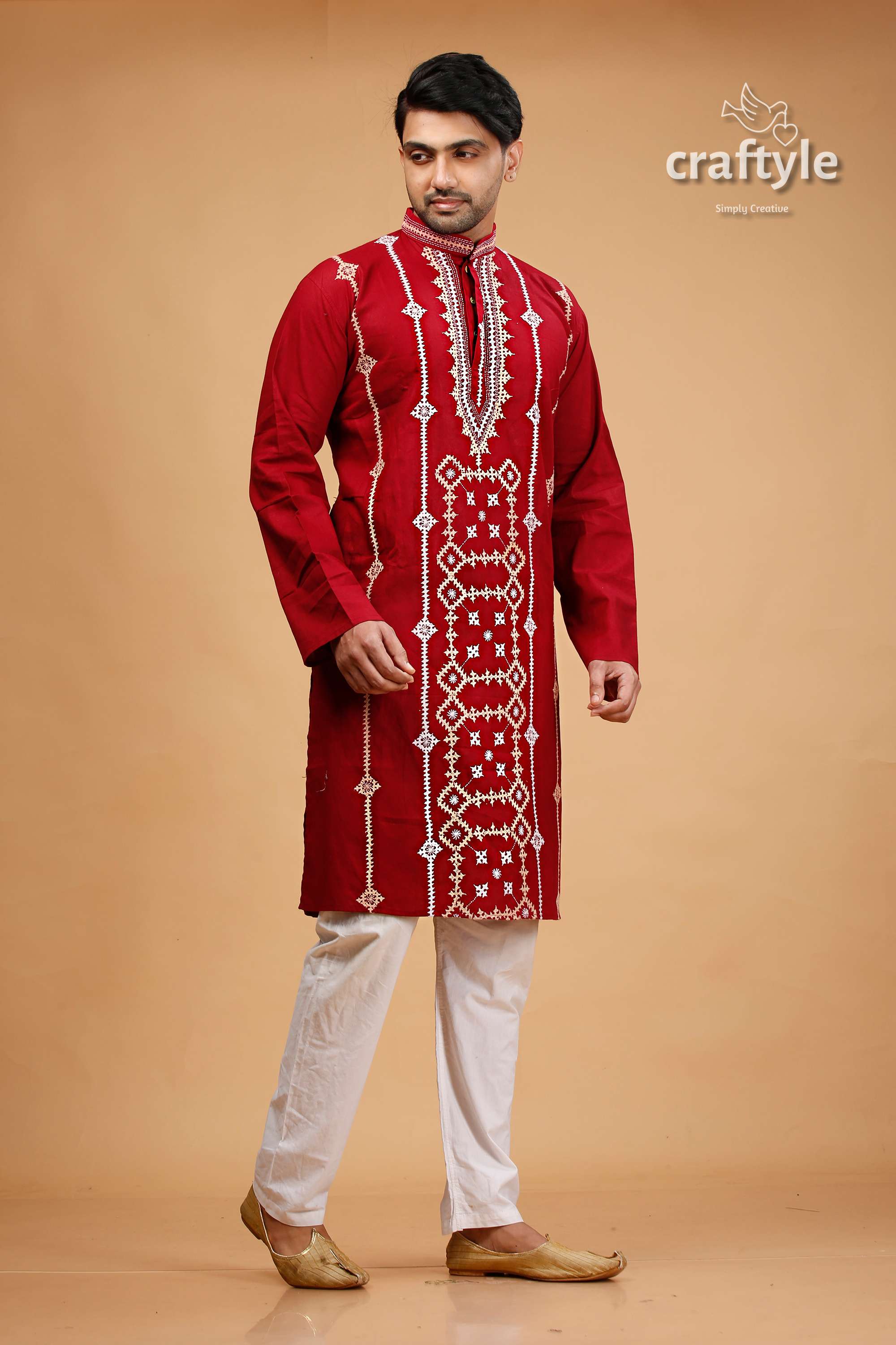 Kutch Work Burgundy Red Designer Cotton Panjabi for Men - Craftyle