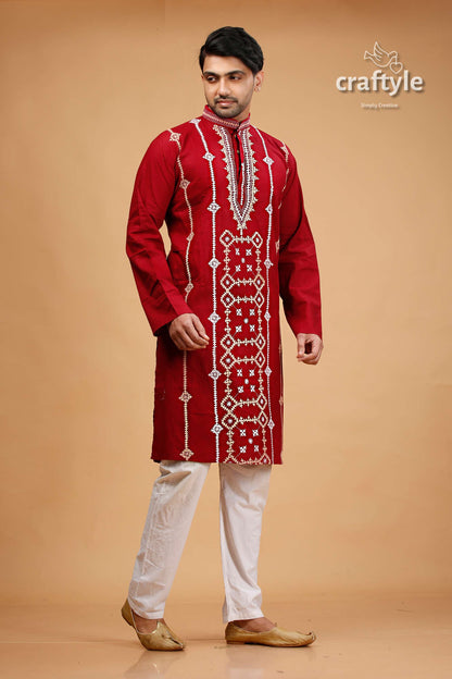 Kutch Work Burgundy Red Designer Cotton Panjabi for Men - Craftyle