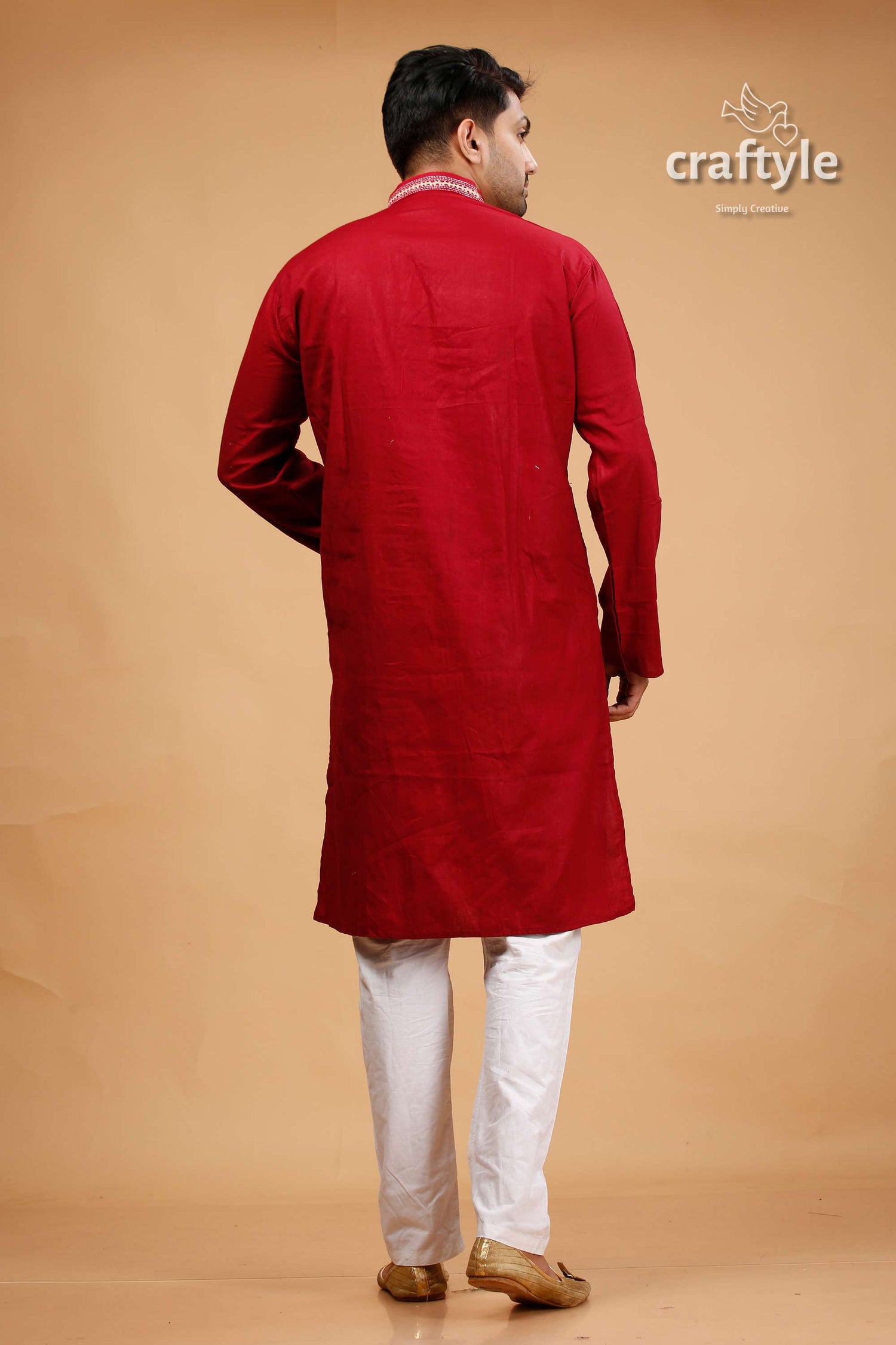 Kutch Work Burgundy Red Designer Cotton Panjabi for Men - Craftyle