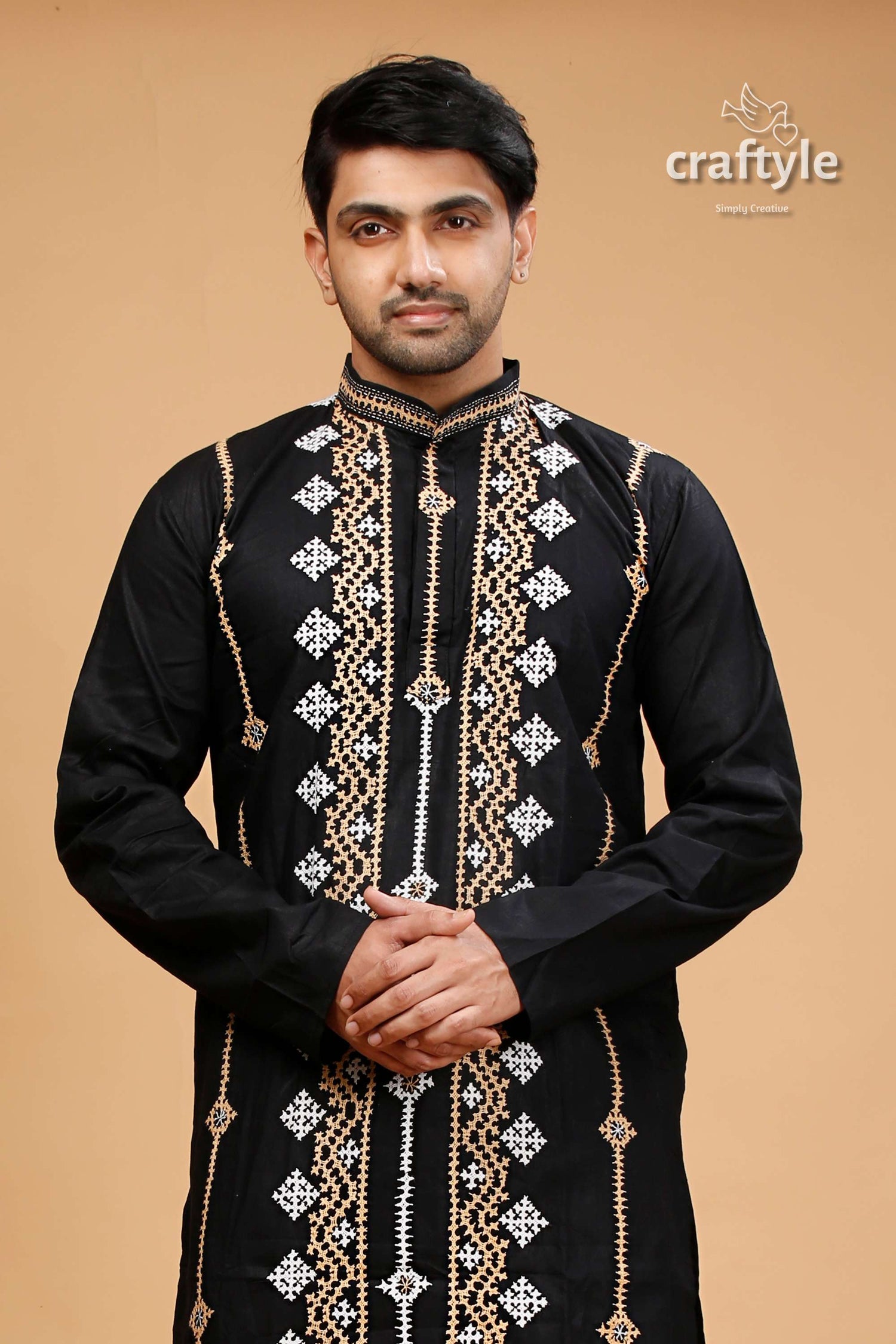 Kutch Work Rich Black Hand Kantha Stitched Cotton Mens Kurta - Craftyle