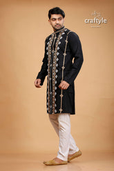 Kutch Work Rich Black Hand Kantha Stitched Cotton Mens Kurta - Craftyle