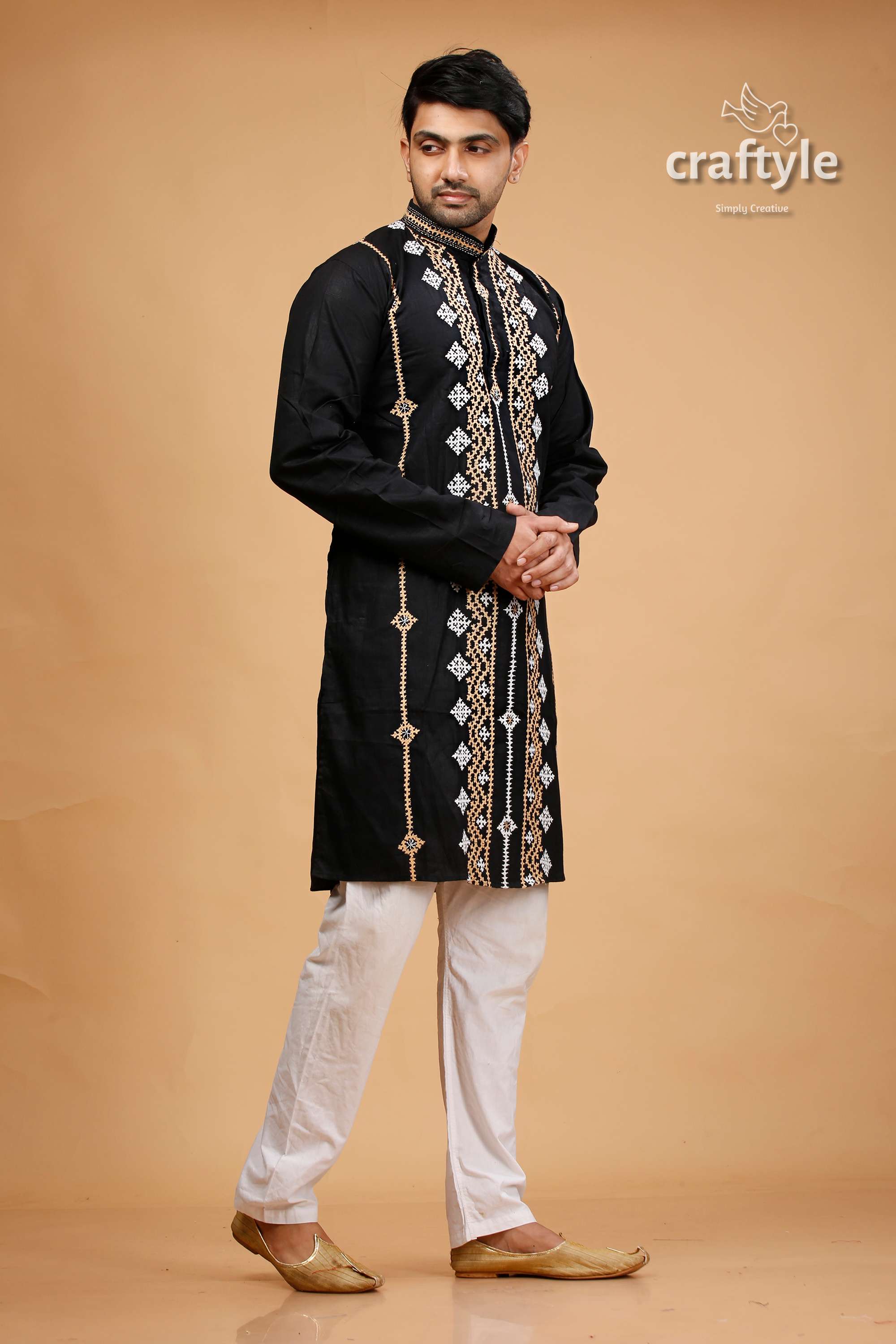 Kutch Work Rich Black Hand Kantha Stitched Cotton Mens Kurta - Craftyle