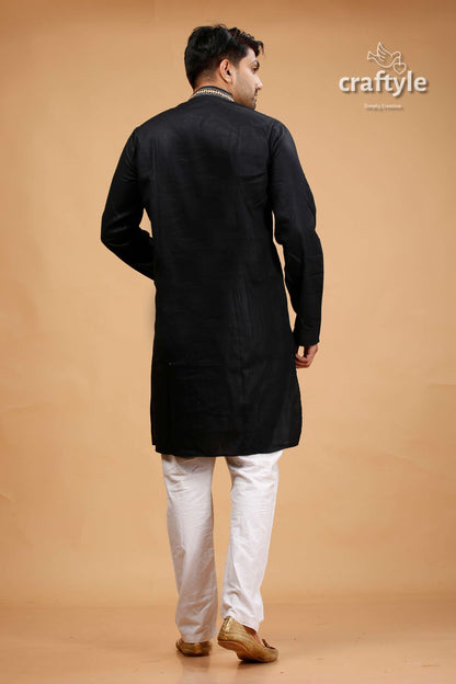 Kutch Work Rich Black Hand Kantha Stitched Cotton Mens Kurta - Craftyle