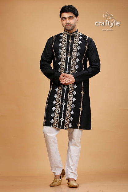 Kutch Work Rich Black Hand Kantha Stitched Cotton Mens Kurta - Craftyle