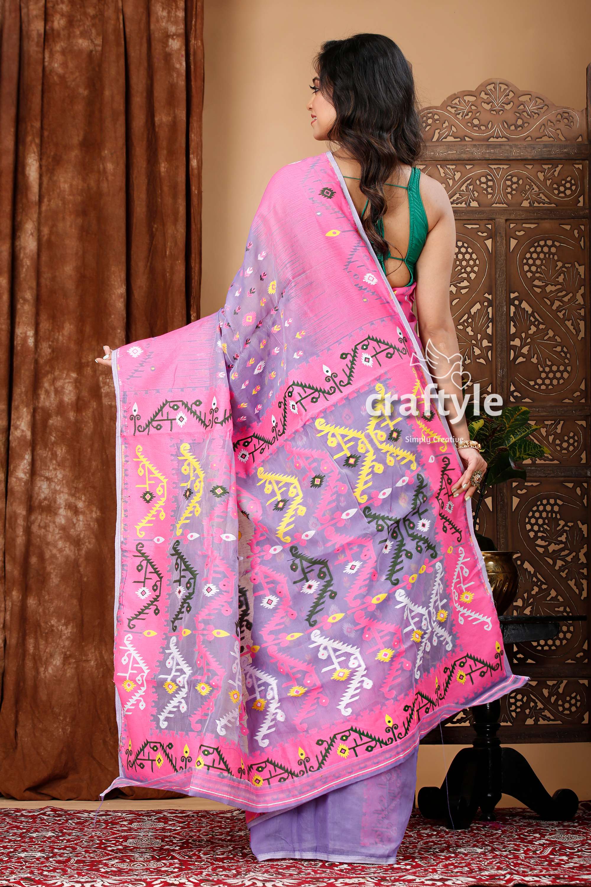 Lavender Purple-Pink Traditional Handloom Jamdani Sari - Craftyle