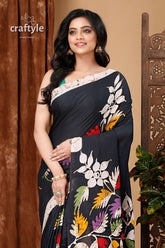 Leaf Design Exclusive Black Hand Batik Pure Cotton Saree - Craftyle