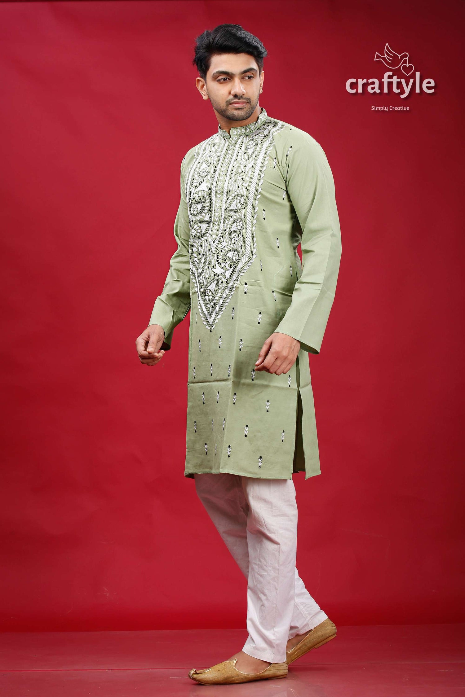 Lemon Grass Cotton Kantha Stitch Kurta for Men - Craftyle