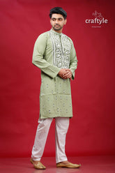 Lemon Grass Cotton Kantha Stitch Kurta for Men - Craftyle