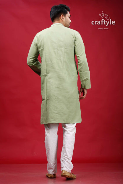 Lemon Grass Cotton Kantha Stitch Kurta for Men - Craftyle