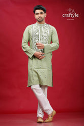 Lemon Grass Cotton Kantha Stitch Kurta for Men - Craftyle