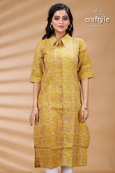 Lemon Yellow Pure Cotton Ajrakh Zigzag Pattern Kurti - Craftyle