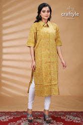 Lemon Yellow Pure Cotton Ajrakh Zigzag Pattern Kurti - Craftyle