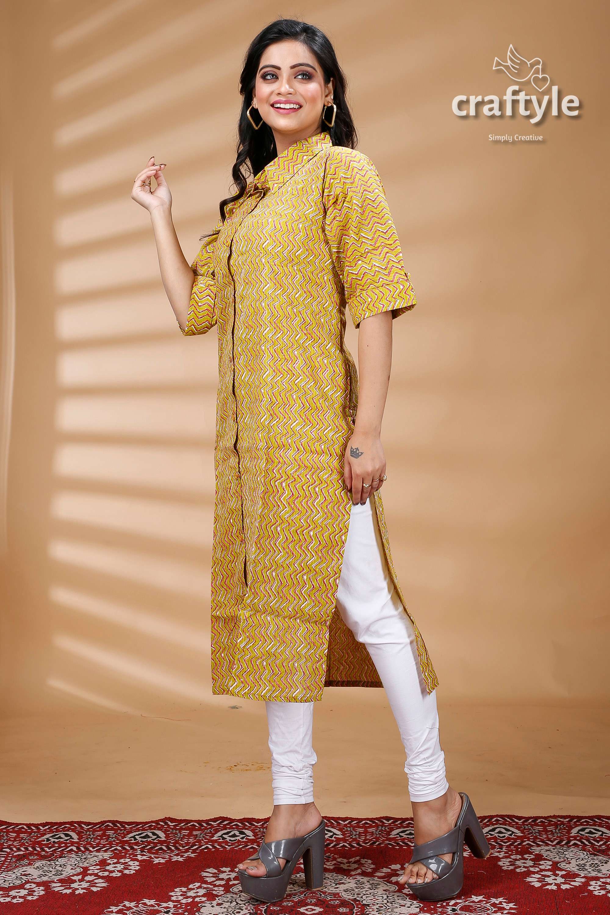 Lemon Yellow Pure Cotton Ajrakh Zigzag Pattern Kurti - Craftyle