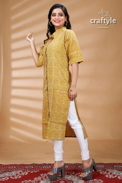 Lemon Yellow Pure Cotton Ajrakh Zigzag Pattern Kurti - Craftyle