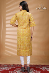 Lemon Yellow Pure Cotton Ajrakh Zigzag Pattern Kurti - Craftyle