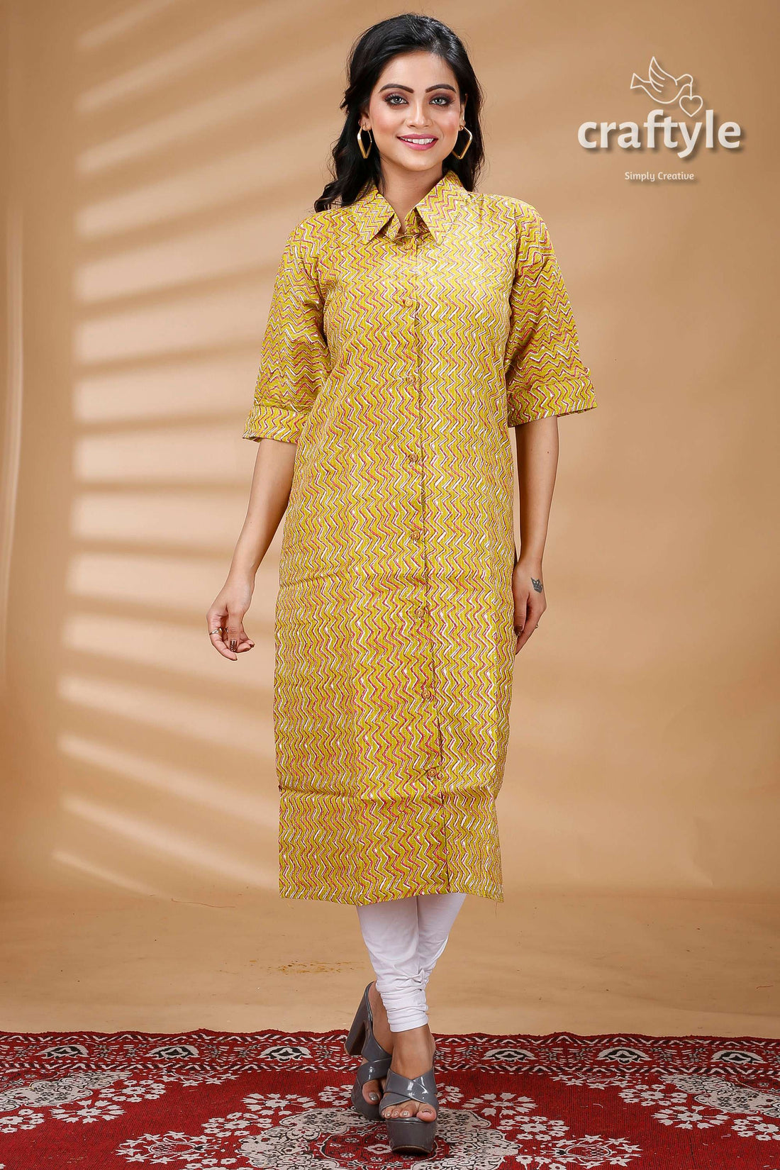 Lemon Yellow Pure Cotton Ajrakh Zigzag Pattern Kurti - Craftyle