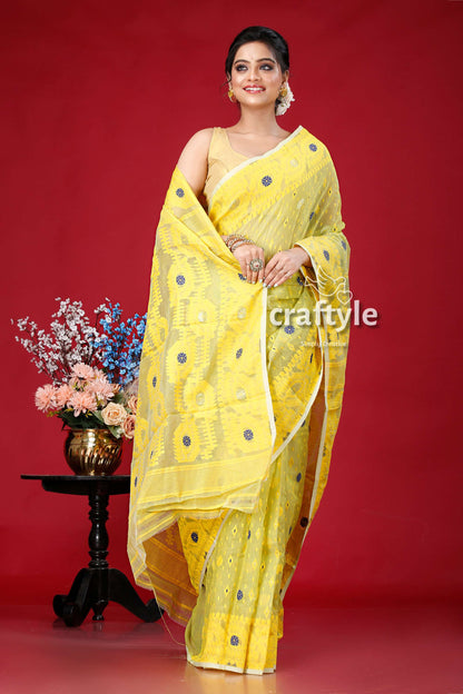 Light Apple Green and Yellow Intricate Jamdani Saree - Craftyle