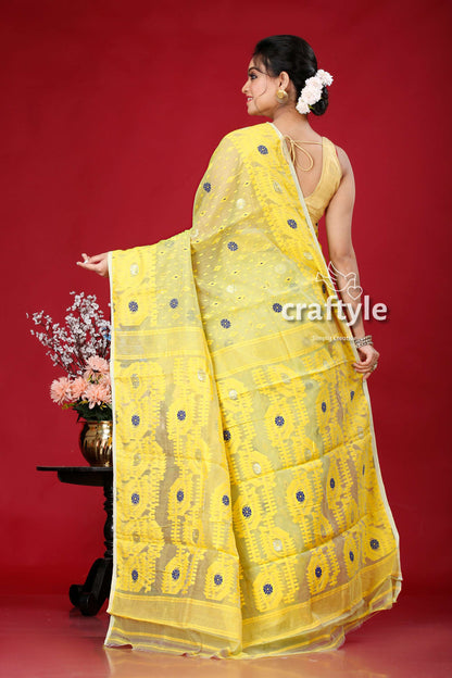 Light Apple Green and Yellow Intricate Jamdani Saree - Craftyle