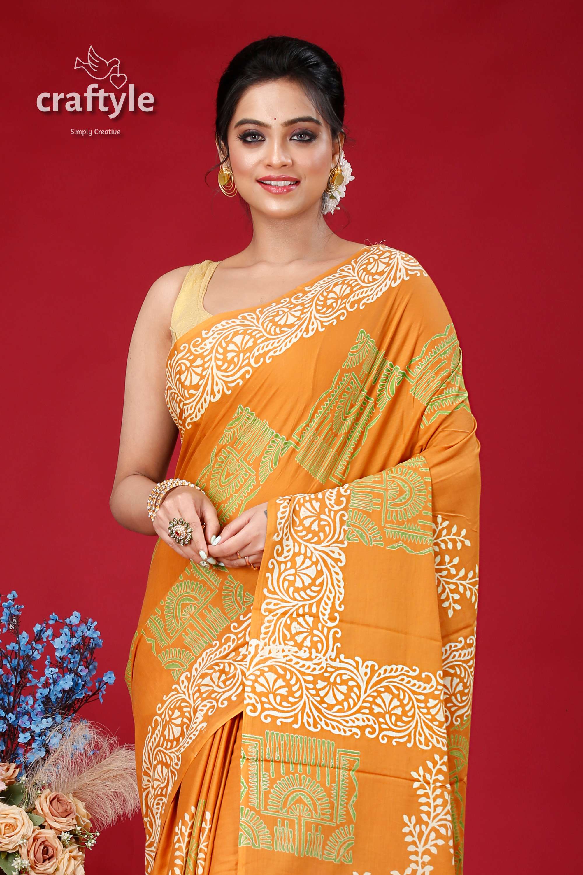 Light Brown Alpana Design Hand Block Pure Cotton Saree - Craftyle