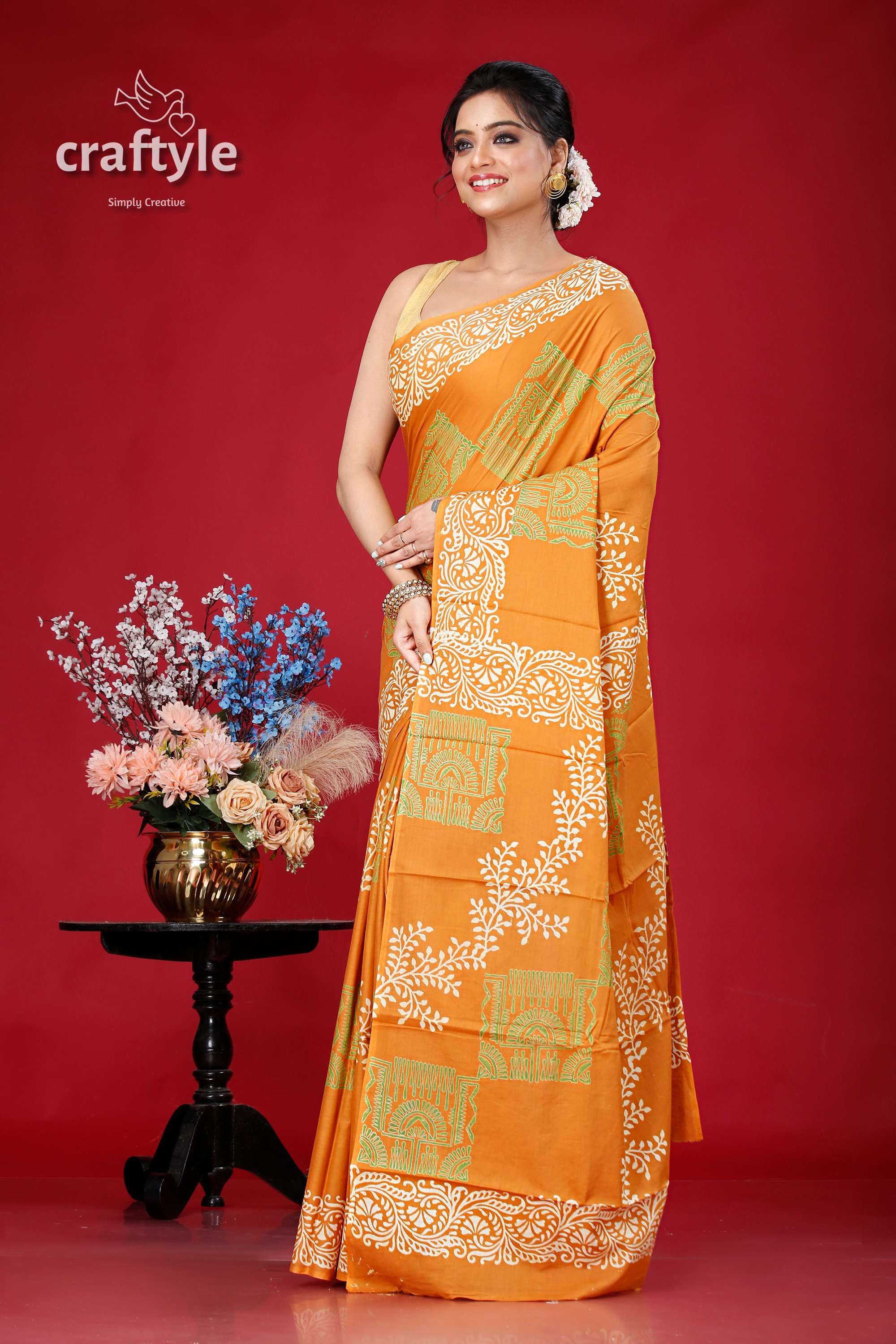 Light Brown Alpana Design Hand Block Pure Cotton Saree - Craftyle