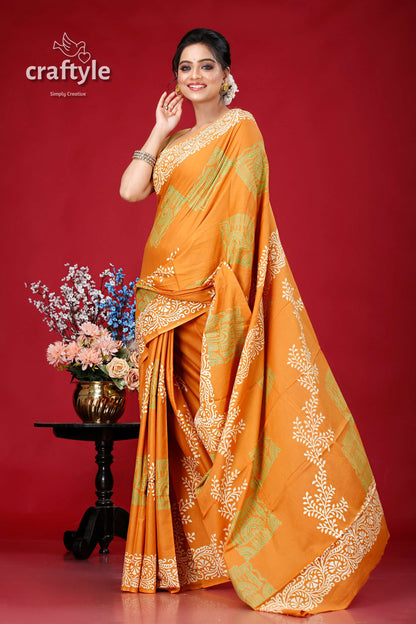 Light Brown Alpana Design Hand Block Pure Cotton Saree - Craftyle