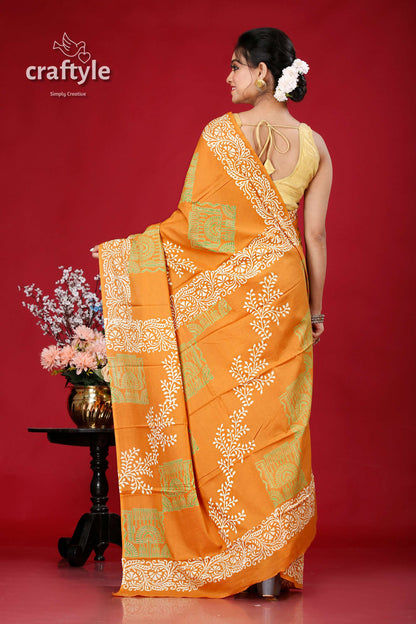 Light Brown Alpana Design Hand Block Pure Cotton Saree - Craftyle