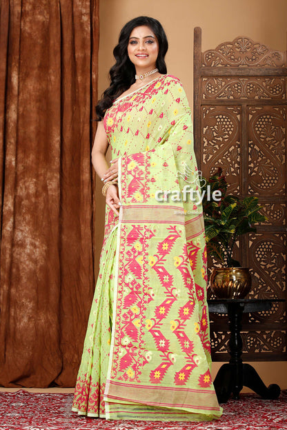 Light Green-Magenta Graceful Jamdani Saree - Craftyle