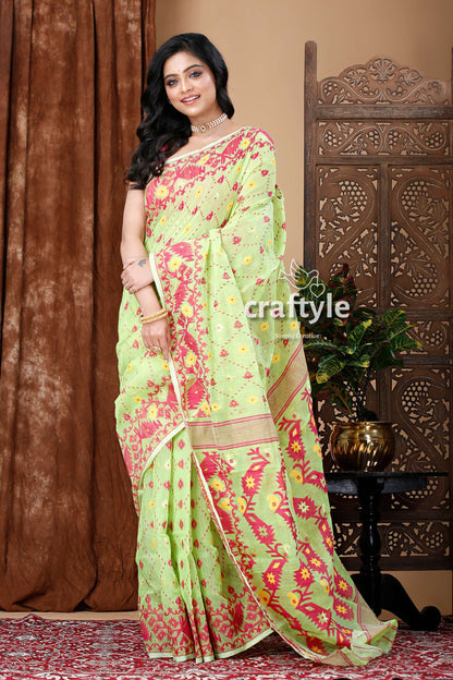 Light Green-Magenta Graceful Jamdani Saree - Craftyle