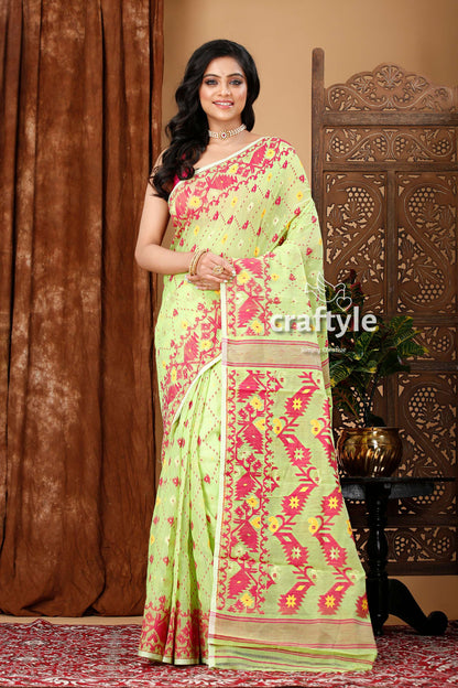 Light Green-Magenta Graceful Jamdani Saree - Craftyle