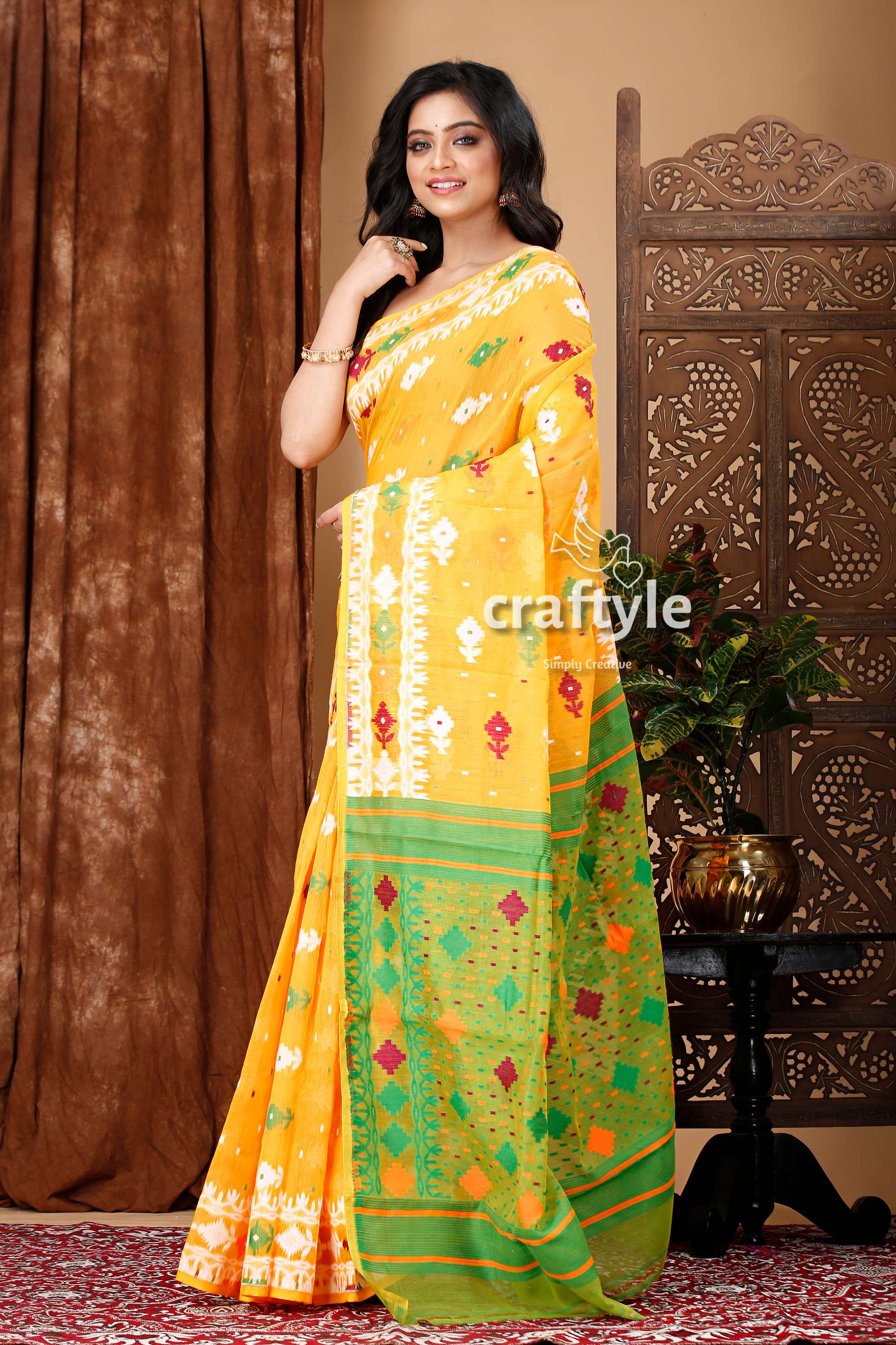 Light Orange Green Jamdani Saree - Intricate Design - Craftyle