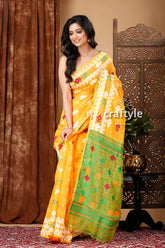 Light Orange Green Jamdani Saree - Intricate Design - Craftyle