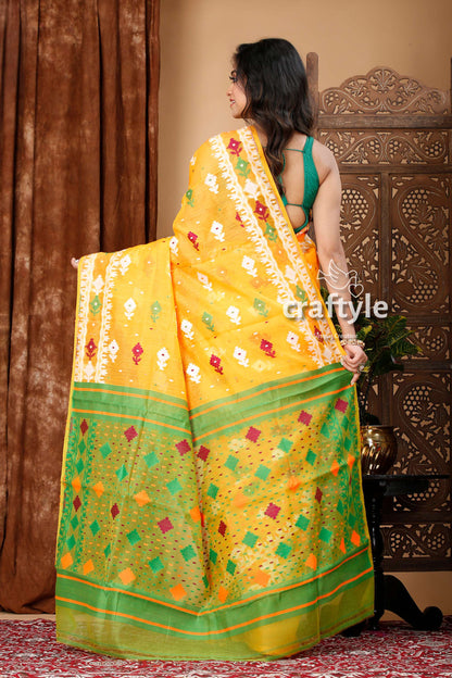 Light Orange Green Jamdani Saree - Intricate Design - Craftyle