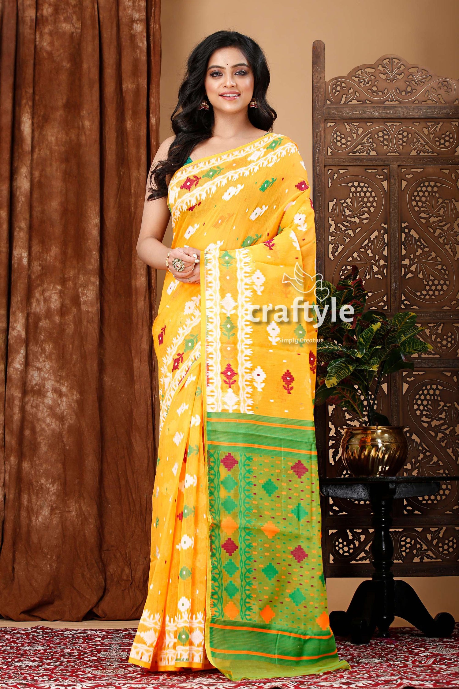 Light Orange Green Jamdani Saree - Intricate Design - Craftyle