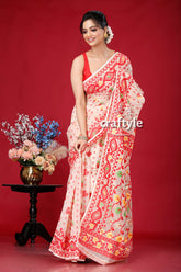 Light Peach Cream and Red Graceful Jamdani Saree - Craftyle