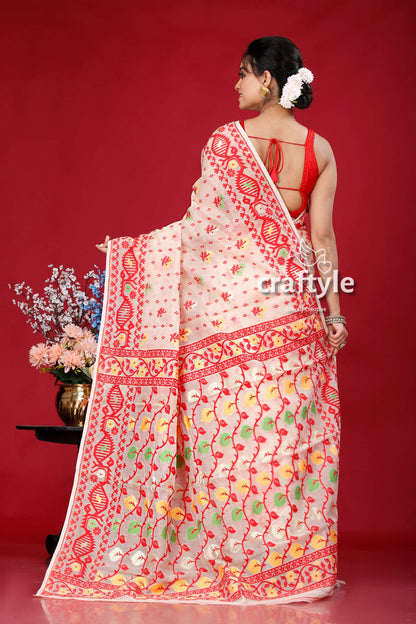 Light Peach Cream and Red Graceful Jamdani Saree - Craftyle