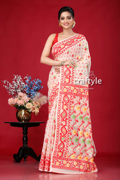 Light Peach Cream and Red Graceful Jamdani Saree - Craftyle