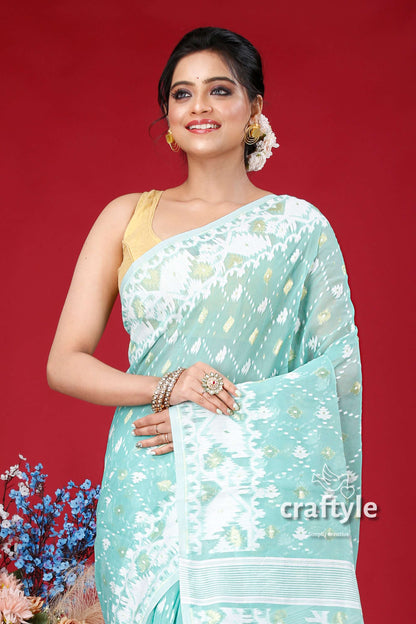 Light Sea Green-White Jamdani Weave Saree - Craftyle