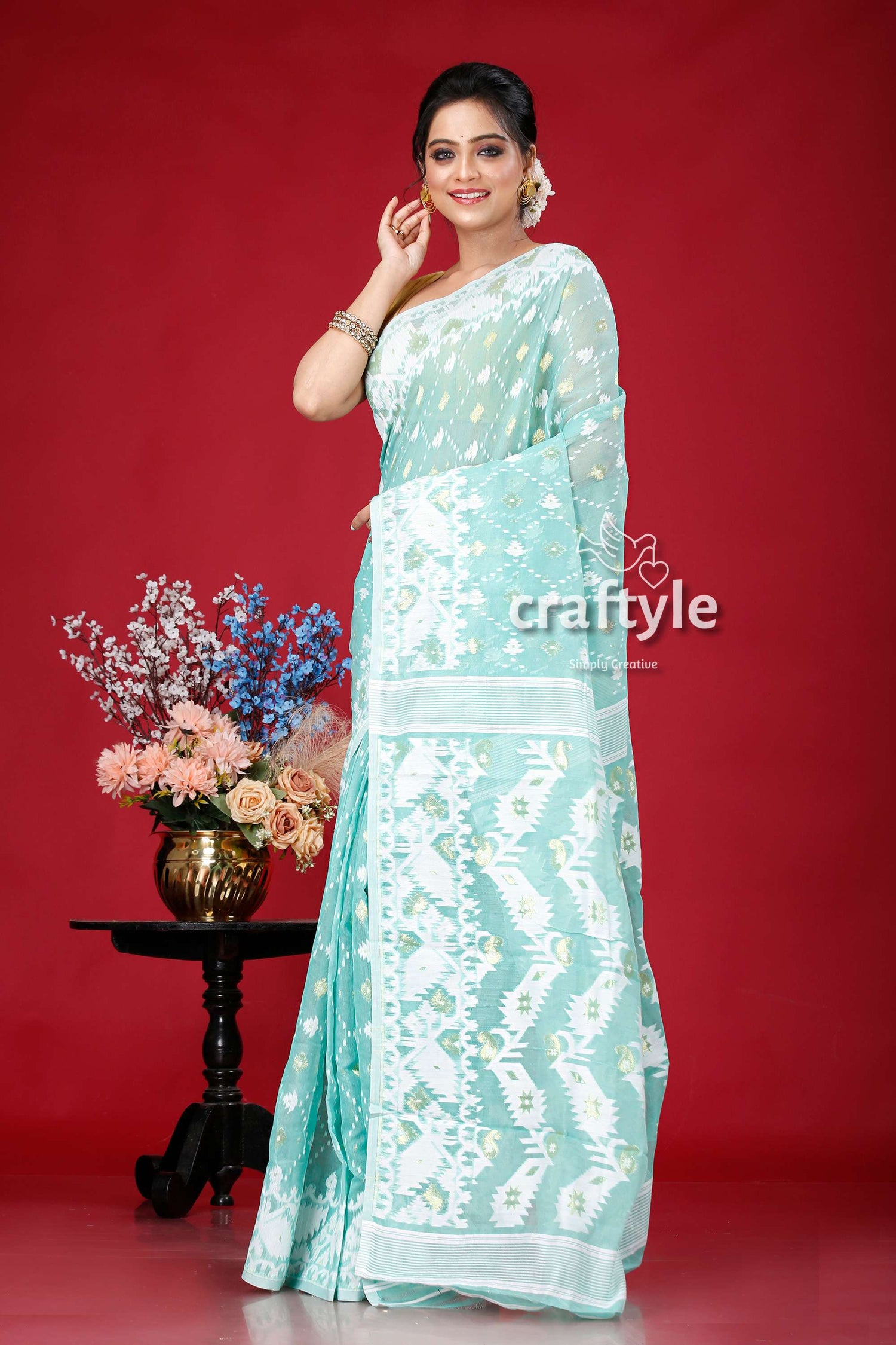 Light Sea Green-White Jamdani Weave Saree - Craftyle