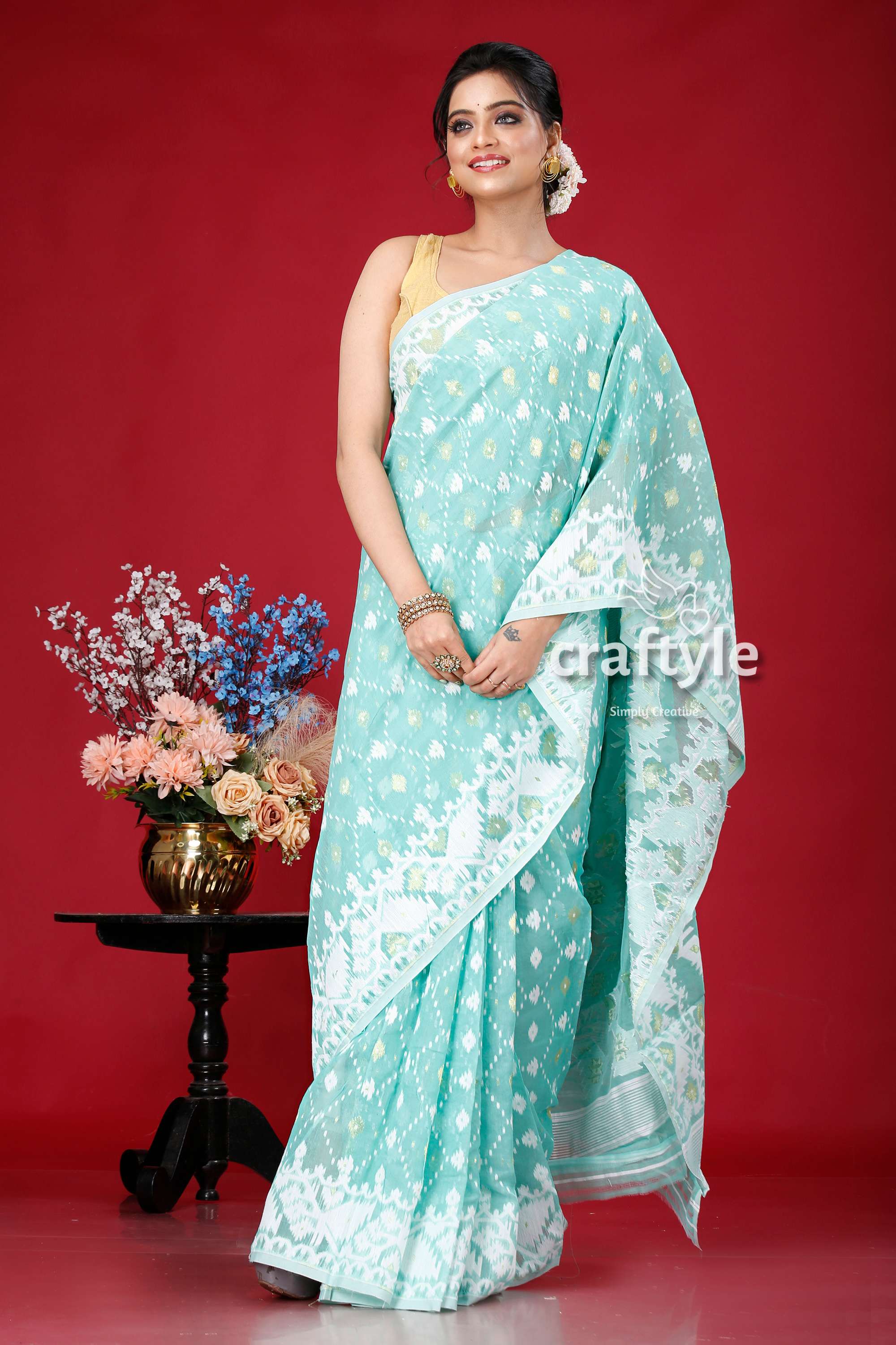 Light Sea Green-White Jamdani Weave Saree - Craftyle