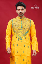 Lightning Yellow Kantha Work Cotton Punjabi for Men - Craftyle