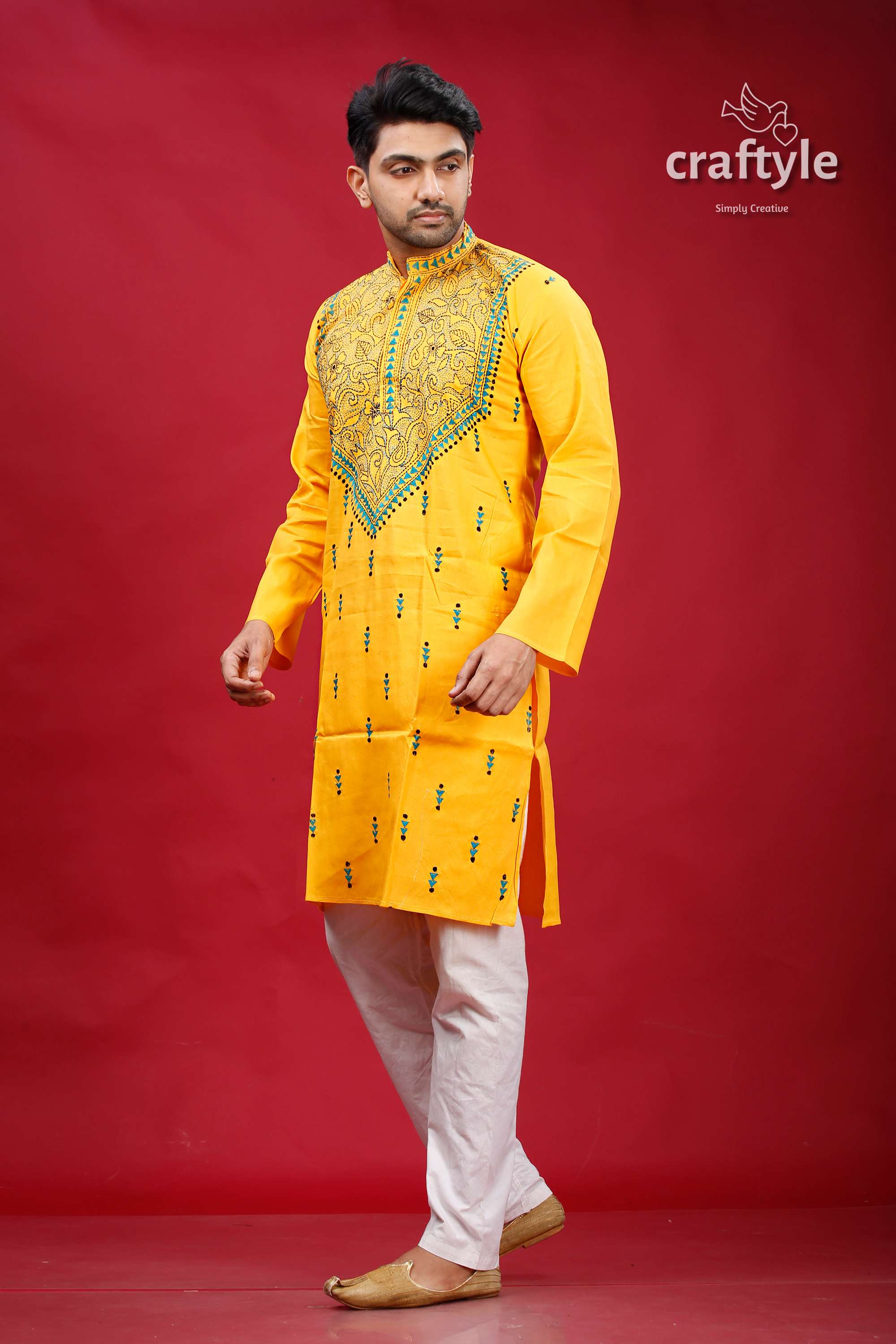 Lightning Yellow Kantha Work Cotton Punjabi for Men - Craftyle