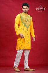 Lightning Yellow Kantha Work Cotton Punjabi for Men - Craftyle