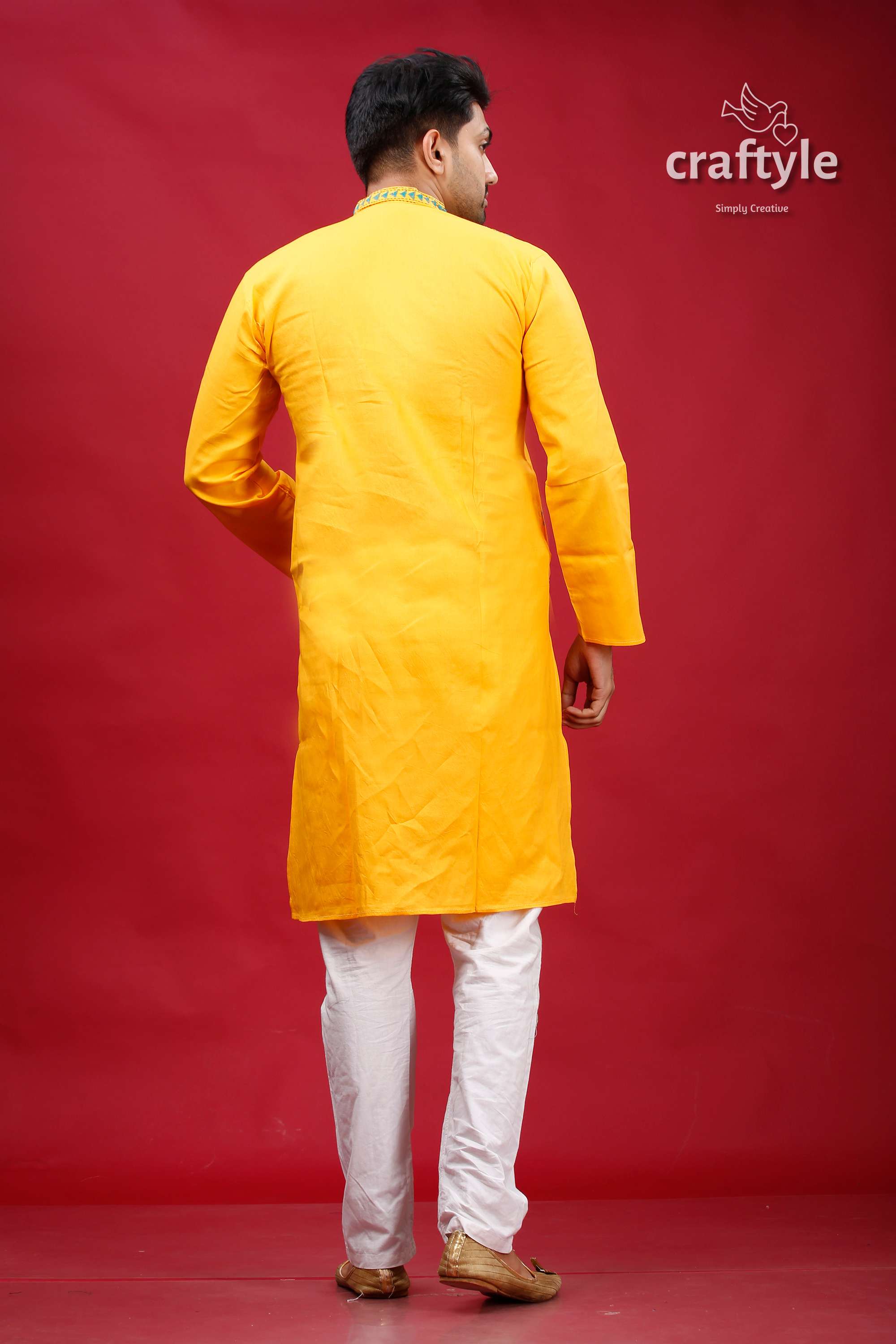 Lightning Yellow Kantha Work Cotton Punjabi for Men - Craftyle