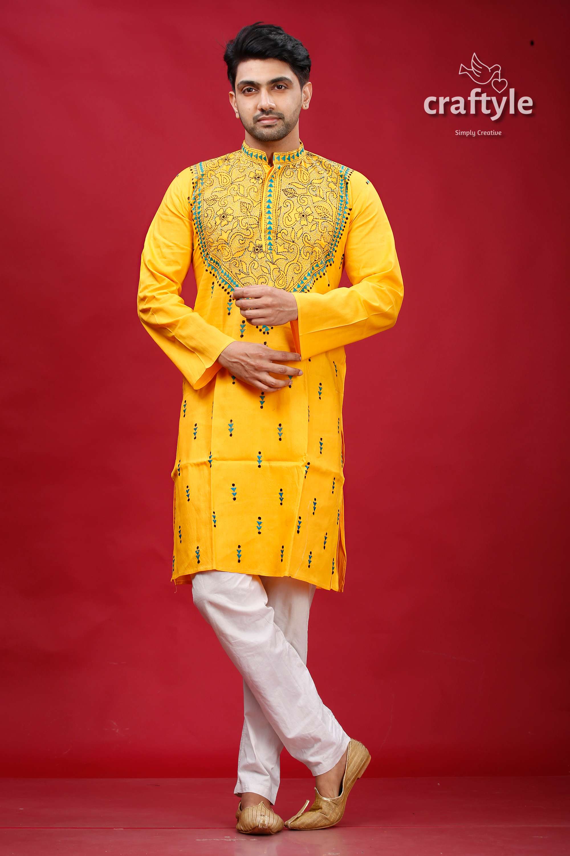 Lightning Yellow Kantha Work Cotton Punjabi for Men - Craftyle