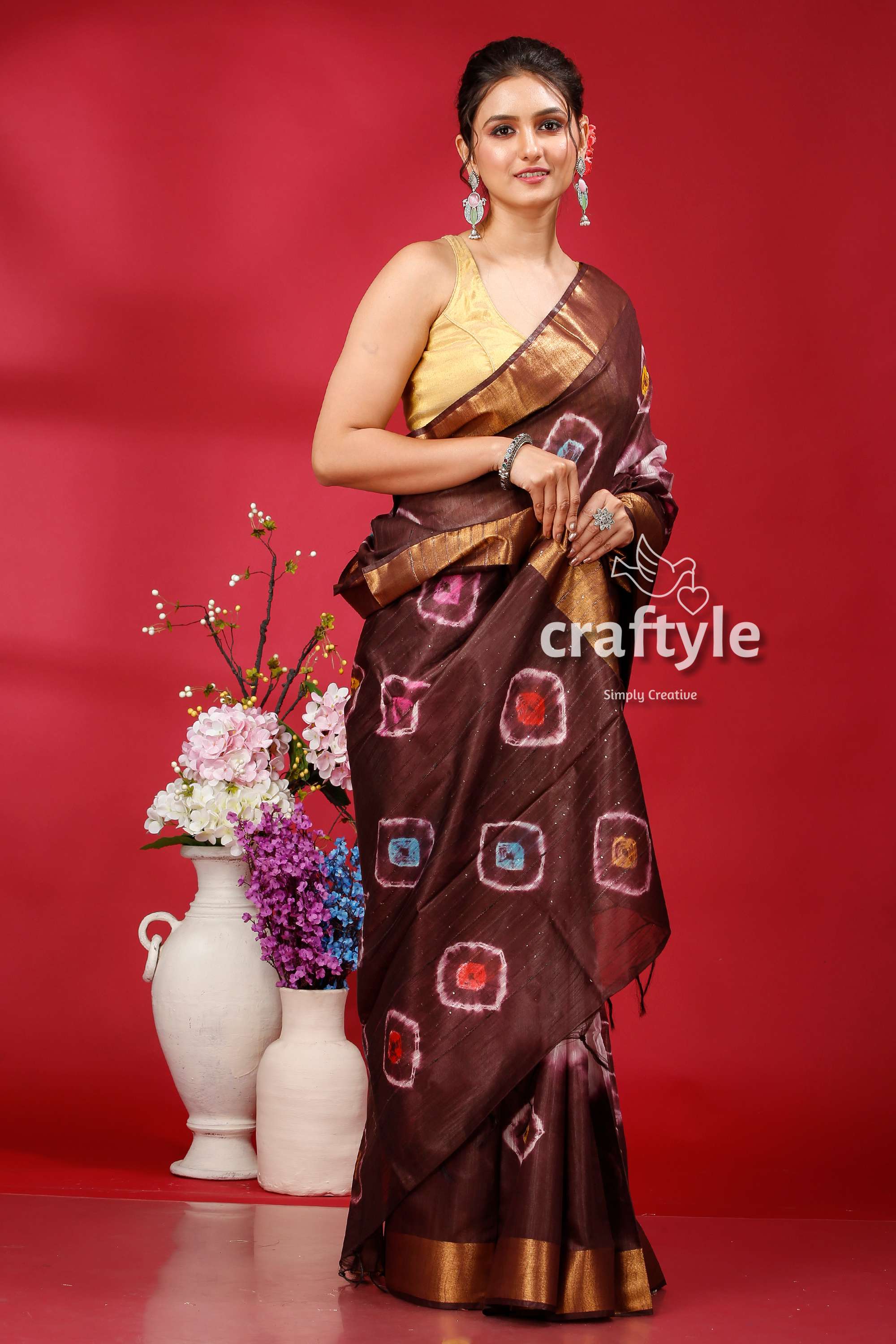 Livid Brown Silk Bandhni Saree - Indian Traditional Wear - Craftyle