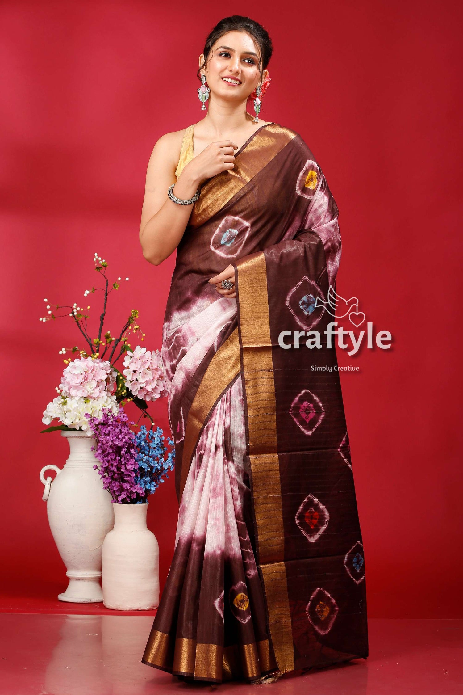 Livid Brown Silk Bandhni Saree - Indian Traditional Wear - Craftyle